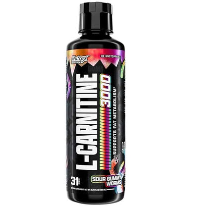 Nutrex Research L-Carnitin 3000 – Klinisch dosiertes flüssiges L-Carnitin für Energie, Stoffwechsel und Muskelregeneration – Leckerer Sour Gummy Worms Geschmack – Ohne Zucker, Kohlenhydrate und Stimulanzien – 31 Portionen