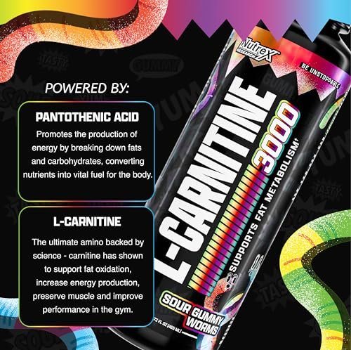Nutrex Research L-Carnitin 3000 – Klinisch dosiertes flüssiges L-Carnitin für Energie, Stoffwechsel und Muskelregeneration – Leckerer Sour Gummy Worms Geschmack – Ohne Zucker, Kohlenhydrate und Stimulanzien – 31 Portionen