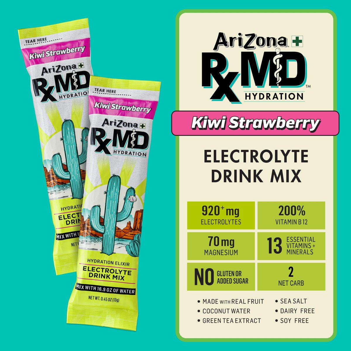 Arizona Rx MD Hydration Kiwi Strawberry - Getränkepulver - 920 mg Elektrolyte - 0,45 g Pulversticks (6er-Pack)