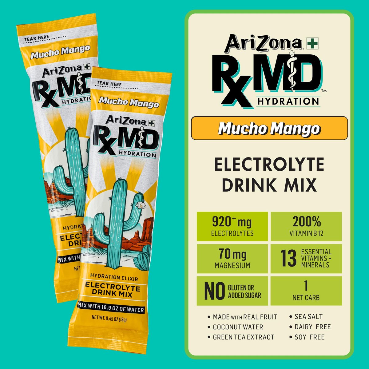 Arizona Rx MD Hydration Mucho Mango - Getränkepulver - 920 mg Elektrolyte - 0,45 g Portionsbeutel (6er Pack)