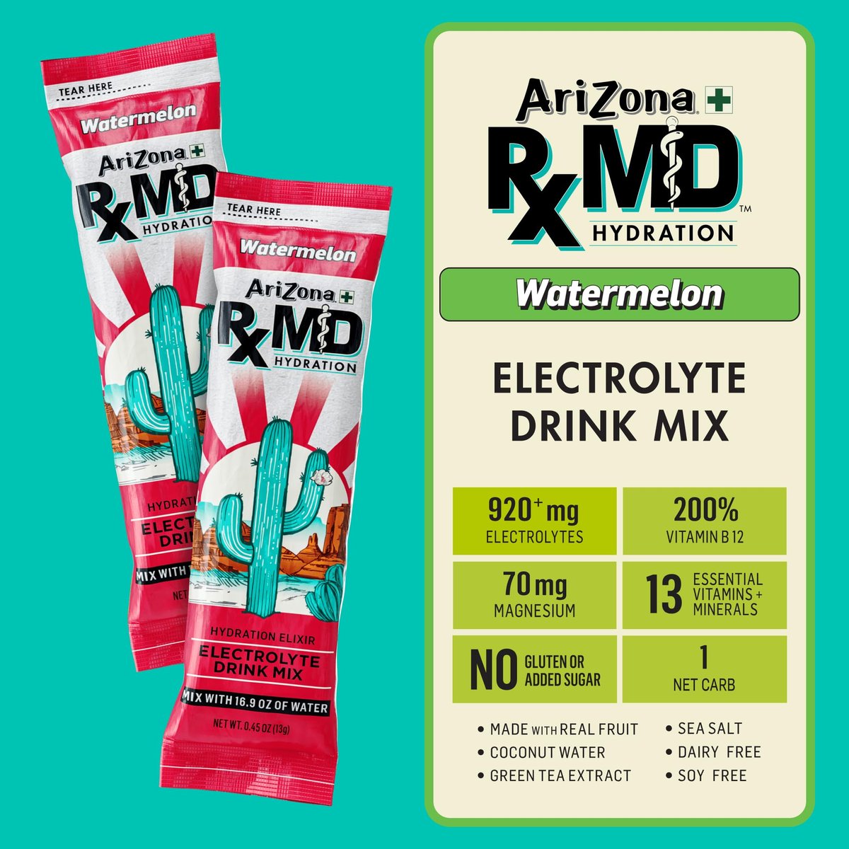 AriZona Rx MD Hydration Wassermelone - Getränkepulver - 920 mg Elektrolyte - 0,45 g Sticks (6er-Pack)