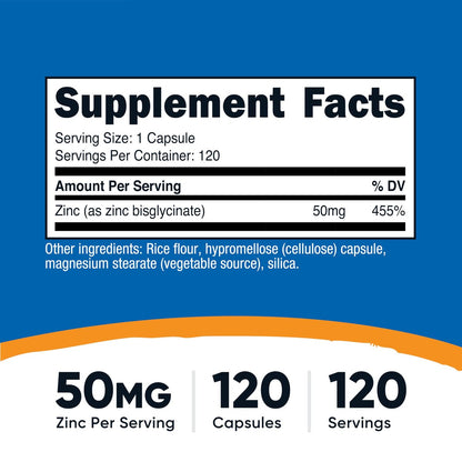 Nutricost Zink Bisglycinat (50 mg) – 120 vegane Kapseln, GVO-frei, glutenfrei