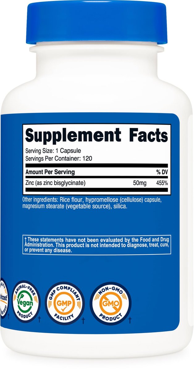 Nutricost Zink Bisglycinat (50 mg) – 120 vegane Kapseln, GVO-frei, glutenfrei