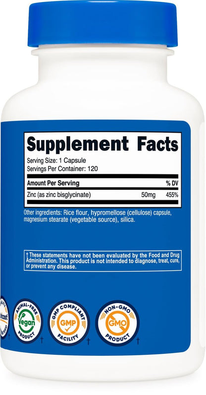 Nutricost Zink Bisglycinat (50 mg) – 120 vegane Kapseln, GVO-frei, glutenfrei