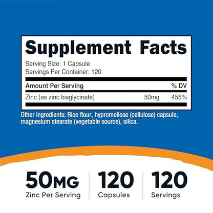 Nutricost Zink Bisglycinat (50 mg) – 120 vegane Kapseln, GVO-frei, glutenfrei