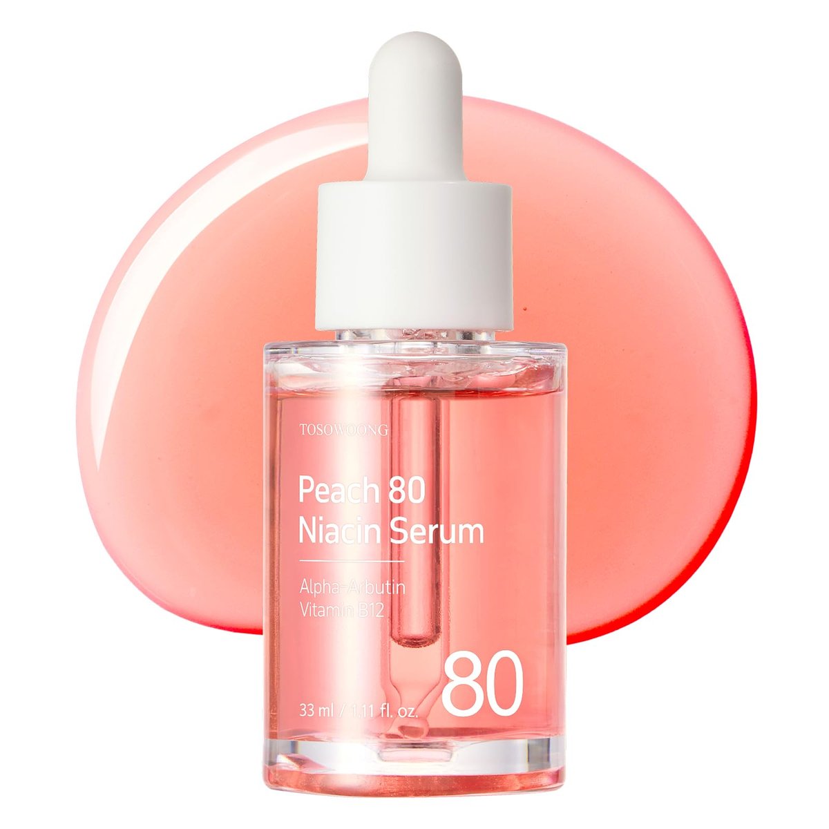 TOSOWOONG Pfirsich 80 Niacin Serum – 5% Niacinamid, Alpha-Arbutin, Vitamin B12 für glasige Haut, gegen dunkle Flecken und vergrößerte Poren, 33 ml