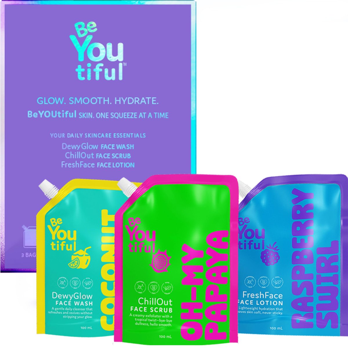 BeYoutiful 3-Schritte Teen Hautpflegeset – Gesichtsreiniger, Peeling & Feuchtigkeitslotion in trendigen Quetschbeuteln, vegan, für Mädchen und Jungen