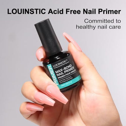 LOUINSTIC Säurefreier Nail Primer 15 ml – Hema-freier Nagelvorbereiter für UV-Gel, Builder Gel, Gelpolitur & Acrylnägel – kein Brennen & kein Abheben – schnell trocknend, geruchsarm, reizarm – für Salon & Zuhause