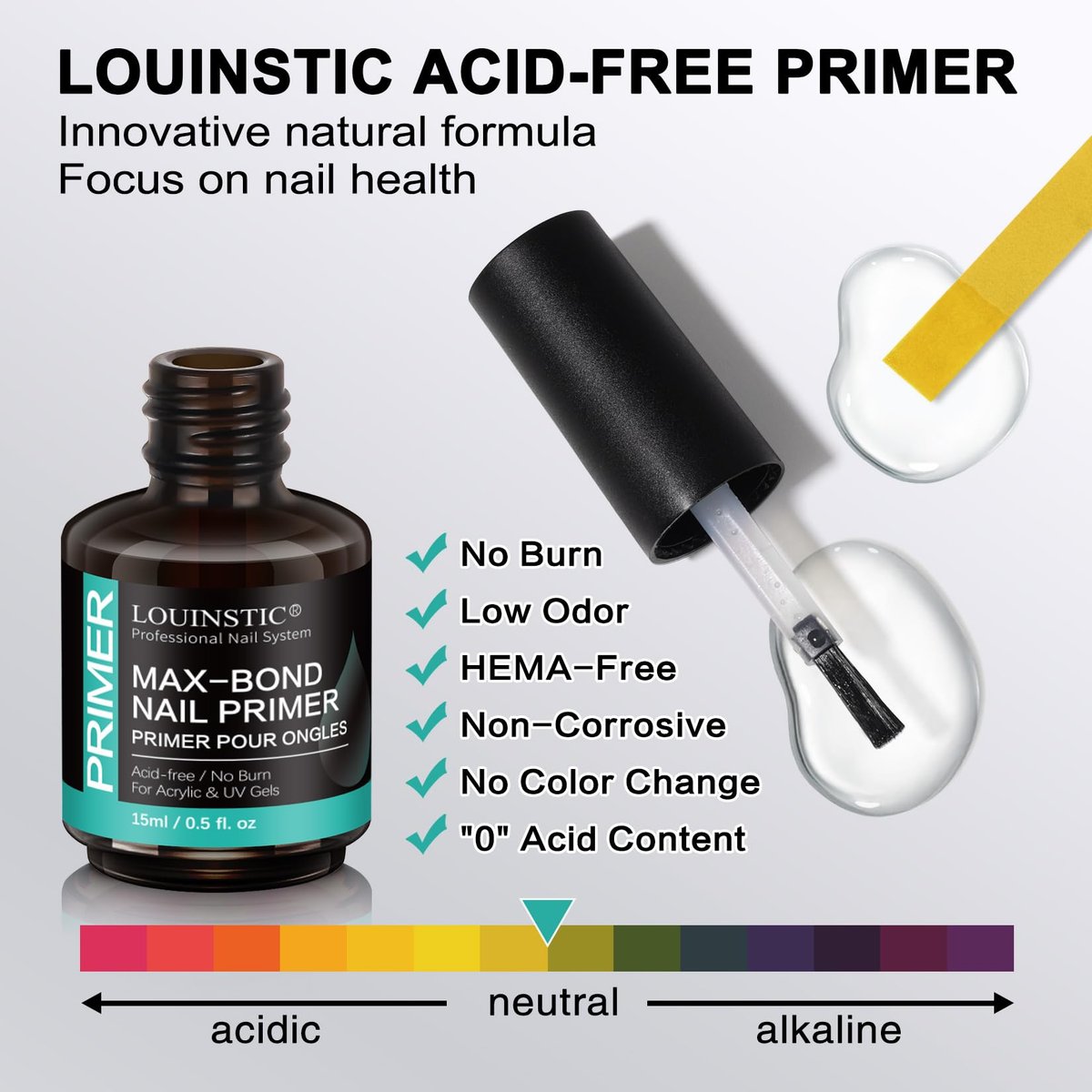 LOUINSTIC Säurefreier Nail Primer 15 ml – Hema-freier Nagelvorbereiter für UV-Gel, Builder Gel, Gelpolitur & Acrylnägel – kein Brennen & kein Abheben – schnell trocknend, geruchsarm, reizarm – für Salon & Zuhause