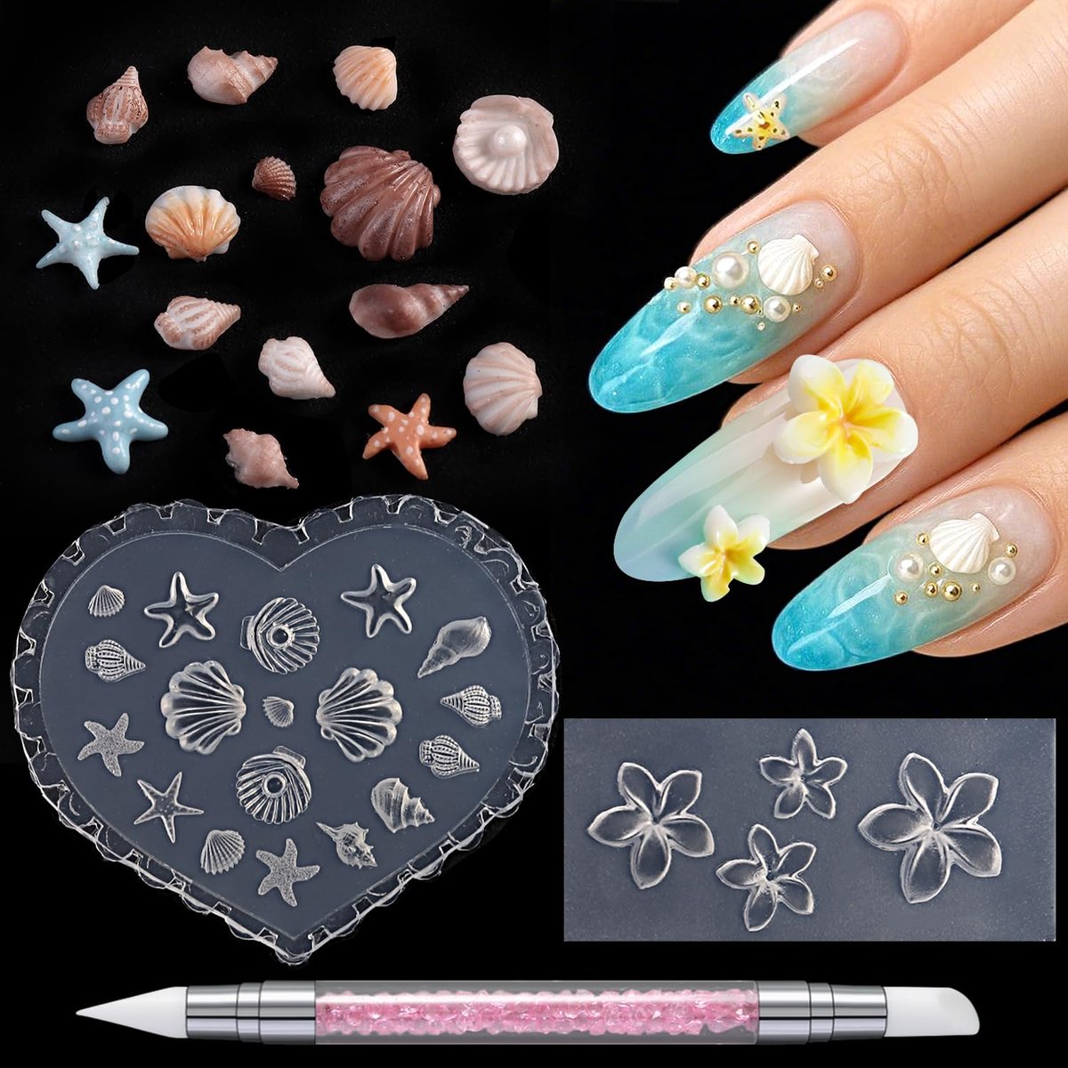 Furtherpretty Nail Art Silikonformen Set – 3-teiliges 3D-Plumeria-Blüten- & Muschel-Nagelcharm-Formen-Set mit Gravurstift – Klare Nagelformen für Nageldesign, DIY-Maniküre-Werkzeuge
