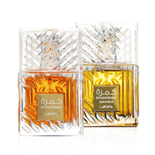 Lattafa Khamrah & Khamrah Qahwa Eau de Parfum Unisex 3,4 Fl Oz | Lang anhaltendes arabisches Parfüm für Männer & Frauen | Luxus-Duft-Geschenkset | Würzig, süß & holziger Duft
