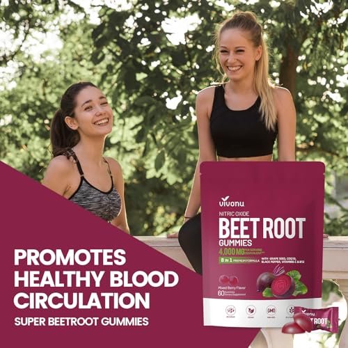 VivoNu Rote-Bete-Gummis 8-in-1 Premium Energie Ergänzung mit CoQ10, Rote-Bete-Extrakt, Traubenkernextrakt, Schwarzer Pfeffer Extrakt, Vitamin C & B12, L-Arginin & L-Citrullin