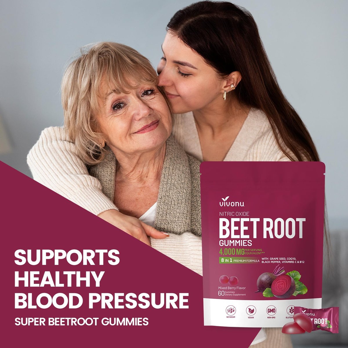 VivoNu Rote-Bete-Gummis 8-in-1 Premium Energie Ergänzung mit CoQ10, Rote-Bete-Extrakt, Traubenkernextrakt, Schwarzer Pfeffer Extrakt, Vitamin C & B12, L-Arginin & L-Citrullin