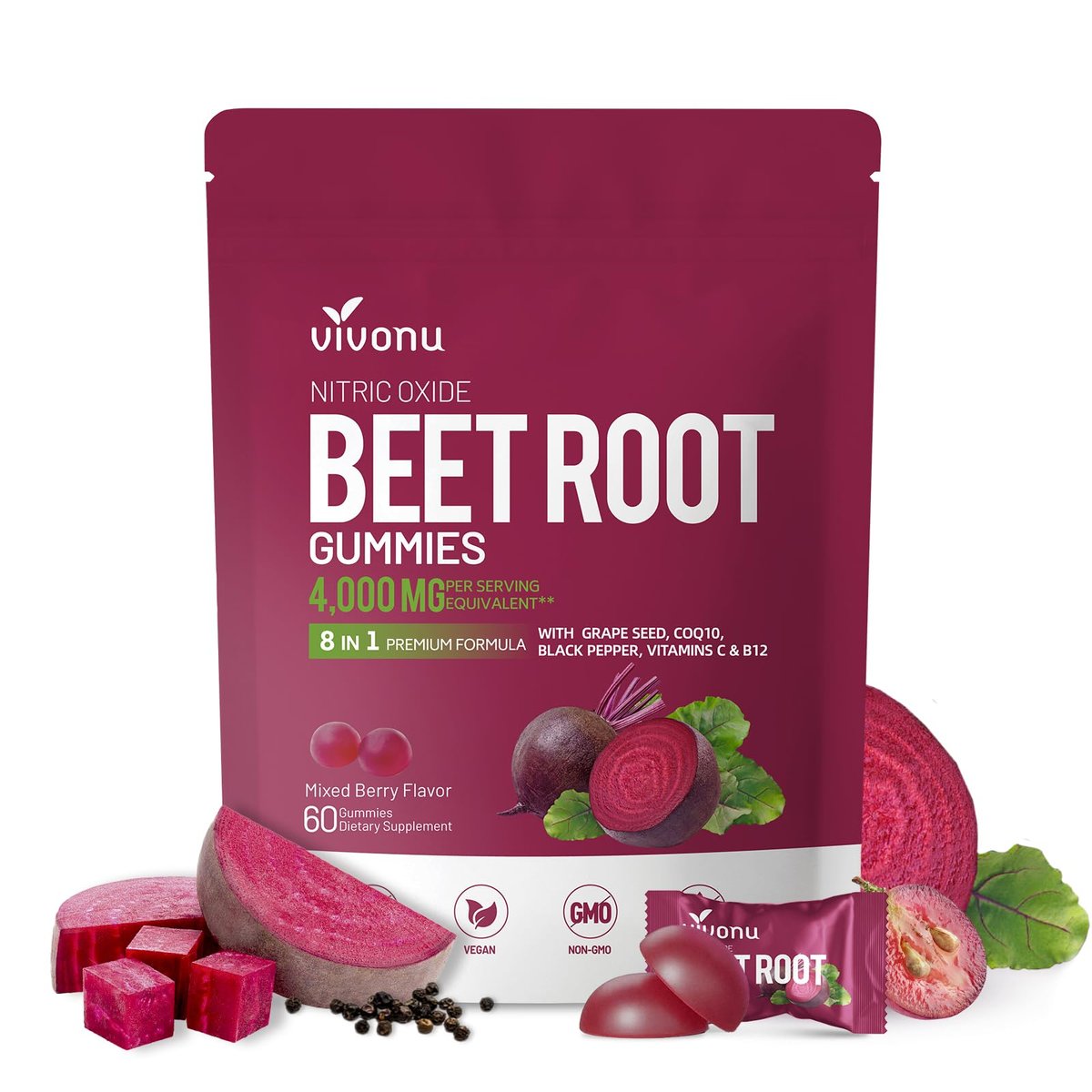 VivoNu Rote-Bete-Gummis 8-in-1 Premium Energie Ergänzung mit CoQ10, Rote-Bete-Extrakt, Traubenkernextrakt, Schwarzer Pfeffer Extrakt, Vitamin C & B12, L-Arginin & L-Citrullin