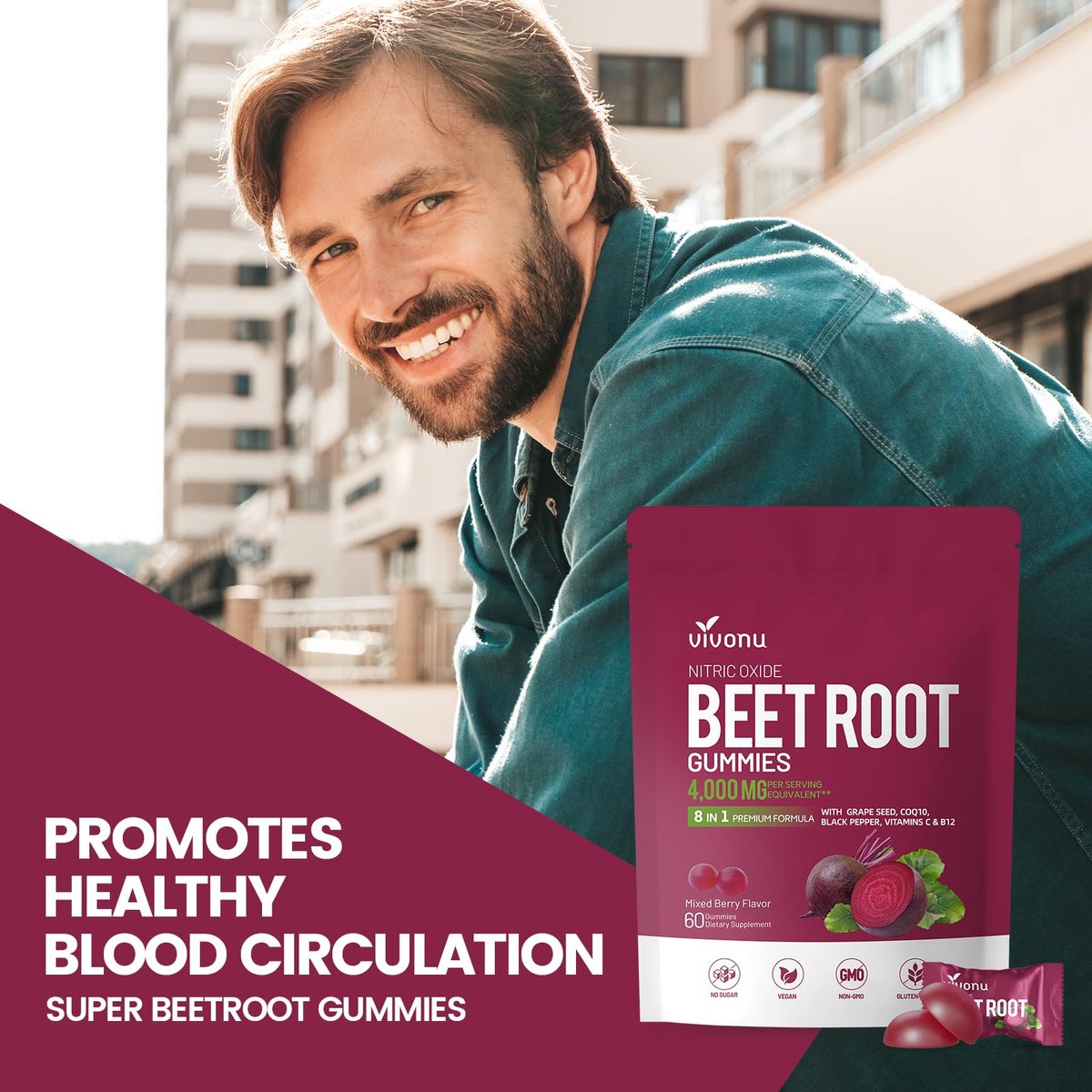 VivoNu Rote-Bete-Gummis 8-in-1 Premium Energie Ergänzung mit CoQ10, Rote-Bete-Extrakt, Traubenkernextrakt, Schwarzer Pfeffer Extrakt, Vitamin C & B12, L-Arginin & L-Citrullin