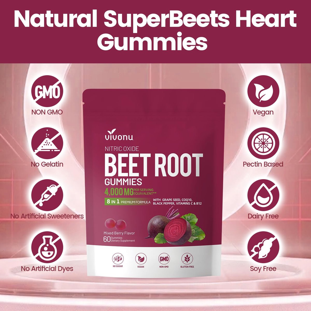 VivoNu Rote-Bete-Gummis 8-in-1 Premium Energie Ergänzung mit CoQ10, Rote-Bete-Extrakt, Traubenkernextrakt, Schwarzer Pfeffer Extrakt, Vitamin C & B12, L-Arginin & L-Citrullin