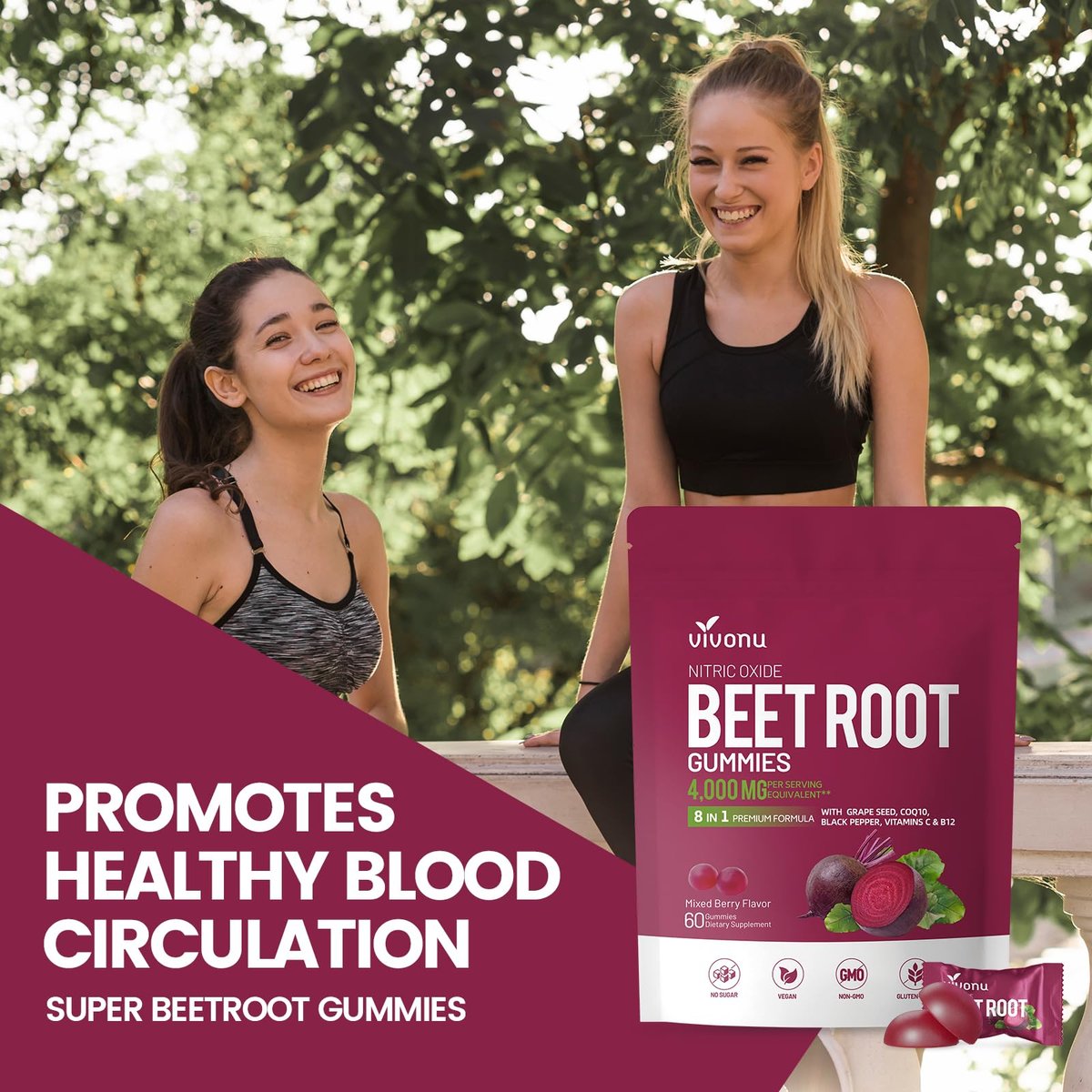 VivoNu Rote-Bete-Gummis 8-in-1 Premium Energie Ergänzung mit CoQ10, Rote-Bete-Extrakt, Traubenkernextrakt, Schwarzer Pfeffer Extrakt, Vitamin C & B12, L-Arginin & L-Citrullin