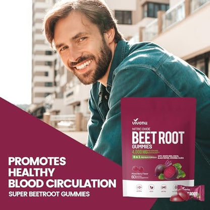VivoNu Rote-Bete-Gummis 8-in-1 Premium Energie Ergänzung mit CoQ10, Rote-Bete-Extrakt, Traubenkernextrakt, Schwarzer Pfeffer Extrakt, Vitamin C & B12, L-Arginin & L-Citrullin