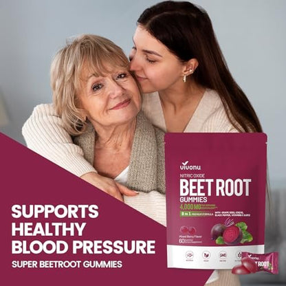 VivoNu Rote-Bete-Gummis 8-in-1 Premium Energie Ergänzung mit CoQ10, Rote-Bete-Extrakt, Traubenkernextrakt, Schwarzer Pfeffer Extrakt, Vitamin C & B12, L-Arginin & L-Citrullin