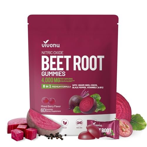 VivoNu Rote-Bete-Gummis 8-in-1 Premium Energie Ergänzung mit CoQ10, Rote-Bete-Extrakt, Traubenkernextrakt, Schwarzer Pfeffer Extrakt, Vitamin C & B12, L-Arginin & L-Citrullin