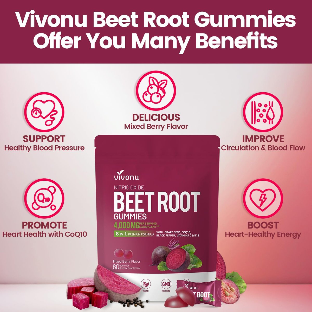 VivoNu Rote-Bete-Gummis 8-in-1 Premium Energie Ergänzung mit CoQ10, Rote-Bete-Extrakt, Traubenkernextrakt, Schwarzer Pfeffer Extrakt, Vitamin C & B12, L-Arginin & L-Citrullin