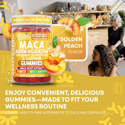Clean Nutra Maca Root Gummies mit Ashwagandha, Fenugreek, Slippery Elm, Safran, Hibiskus, Beta-Carotin & Vitamin A für Frauen – 60 vegane Gummibärchen, Adaptogen, Non-GMO