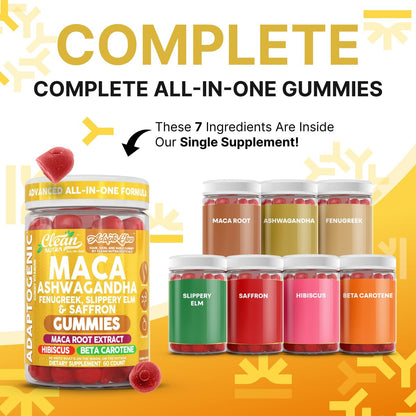 Clean Nutra Maca Root Gummies mit Ashwagandha, Fenugreek, Slippery Elm, Safran, Hibiskus, Beta-Carotin & Vitamin A für Frauen – 60 vegane Gummibärchen, Adaptogen, Non-GMO
