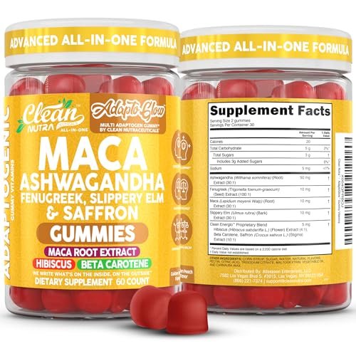 Clean Nutra Maca Root Gummies mit Ashwagandha, Fenugreek, Slippery Elm, Safran, Hibiskus, Beta-Carotin & Vitamin A für Frauen – 60 vegane Gummibärchen, Adaptogen, Non-GMO