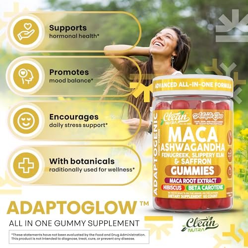 Clean Nutra Maca Root Gummies mit Ashwagandha, Fenugreek, Slippery Elm, Safran, Hibiskus, Beta-Carotin & Vitamin A für Frauen – 60 vegane Gummibärchen, Adaptogen, Non-GMO