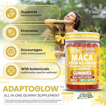 Clean Nutra Maca Root Gummies mit Ashwagandha, Fenugreek, Slippery Elm, Safran, Hibiskus, Beta-Carotin & Vitamin A für Frauen – 60 vegane Gummibärchen, Adaptogen, Non-GMO