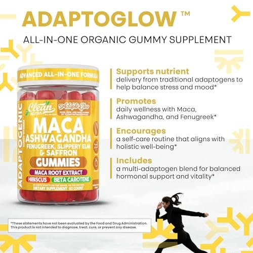 Clean Nutra Maca Root Gummies mit Ashwagandha, Fenugreek, Slippery Elm, Safran, Hibiskus, Beta-Carotin & Vitamin A für Frauen – 60 vegane Gummibärchen, Adaptogen, Non-GMO