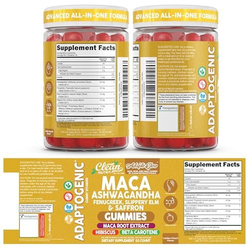 Clean Nutra Maca Root Gummies mit Ashwagandha, Fenugreek, Slippery Elm, Safran, Hibiskus, Beta-Carotin & Vitamin A für Frauen – 60 vegane Gummibärchen, Adaptogen, Non-GMO