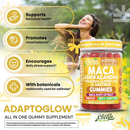 Clean Nutra Maca Root Gummies mit Ashwagandha, Fenugreek, Slippery Elm, Safran, Hibiskus, Beta-Carotin & Vitamin A für Frauen – 60 vegane Gummibärchen, Adaptogen, Non-GMO