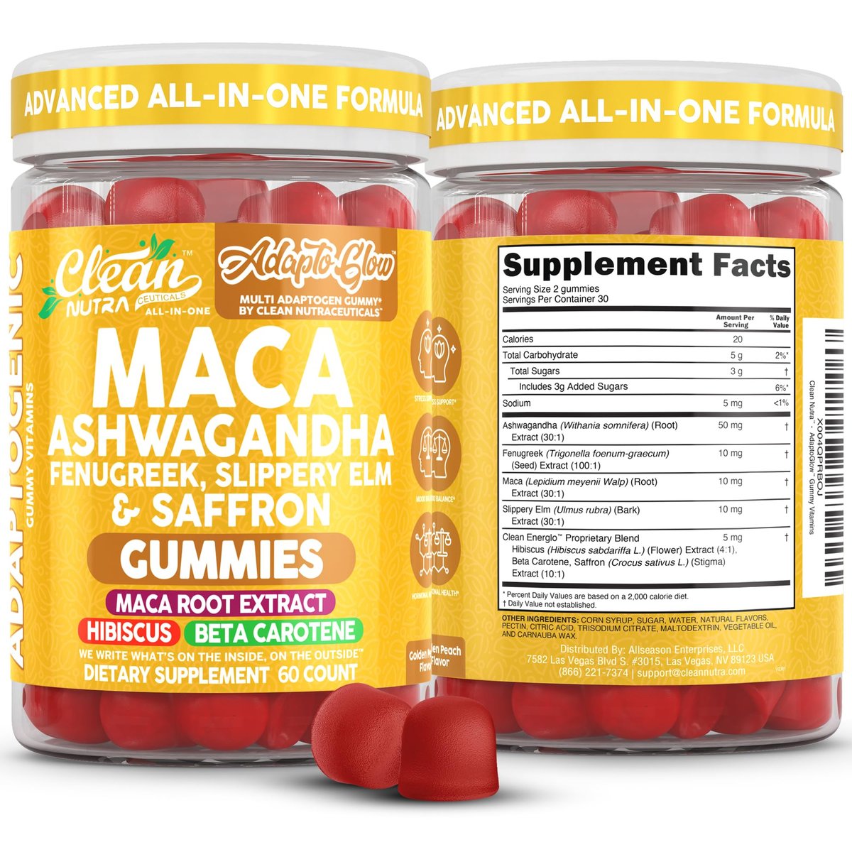Clean Nutra Maca Root Gummies mit Ashwagandha, Fenugreek, Slippery Elm, Safran, Hibiskus, Beta-Carotin & Vitamin A für Frauen – 60 vegane Gummibärchen, Adaptogen, Non-GMO
