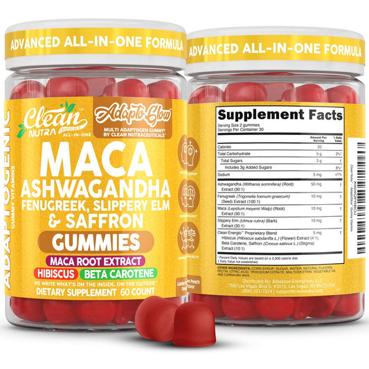 Clean Nutra Maca Root Gummies mit Ashwagandha, Fenugreek, Slippery Elm, Safran, Hibiskus, Beta-Carotin & Vitamin A für Frauen – 60 vegane Gummibärchen, Adaptogen, Non-GMO