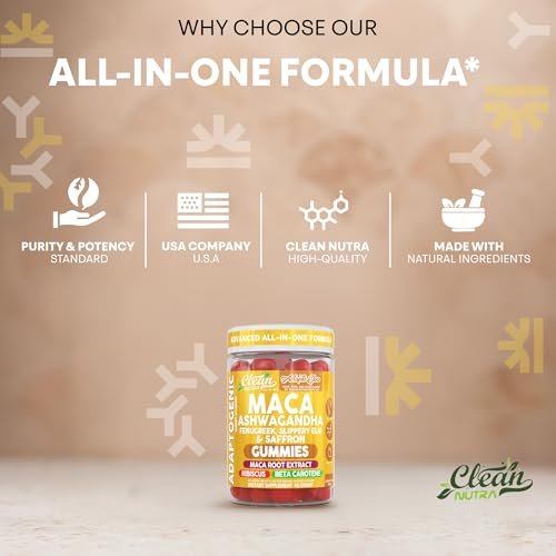 Clean Nutra Maca Root Gummies mit Ashwagandha, Fenugreek, Slippery Elm, Safran, Hibiskus, Beta-Carotin & Vitamin A für Frauen – 60 vegane Gummibärchen, Adaptogen, Non-GMO