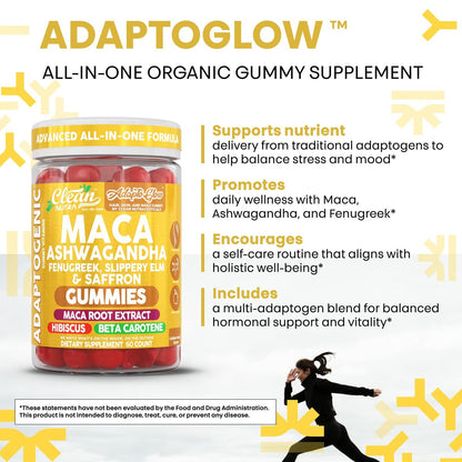 Clean Nutra Maca Root Gummies mit Ashwagandha, Fenugreek, Slippery Elm, Safran, Hibiskus, Beta-Carotin & Vitamin A für Frauen – 60 vegane Gummibärchen, Adaptogen, Non-GMO