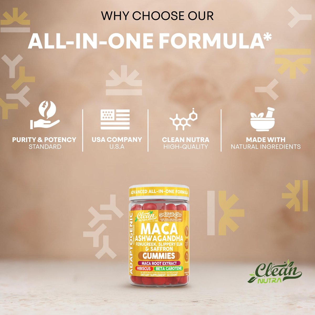 Clean Nutra Maca Root Gummies mit Ashwagandha, Fenugreek, Slippery Elm, Safran, Hibiskus, Beta-Carotin & Vitamin A für Frauen – 60 vegane Gummibärchen, Adaptogen, Non-GMO