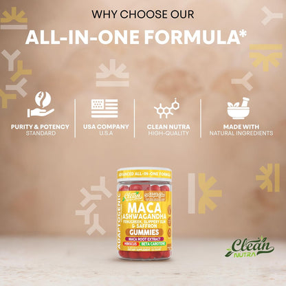 Clean Nutra Maca Root Gummies mit Ashwagandha, Fenugreek, Slippery Elm, Safran, Hibiskus, Beta-Carotin & Vitamin A für Frauen – 60 vegane Gummibärchen, Adaptogen, Non-GMO