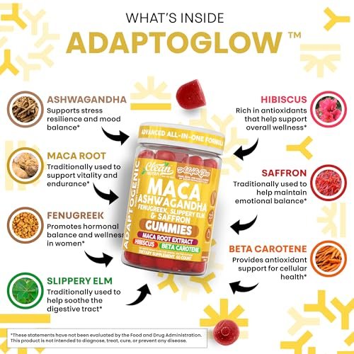 Clean Nutra Maca Root Gummies mit Ashwagandha, Fenugreek, Slippery Elm, Safran, Hibiskus, Beta-Carotin & Vitamin A für Frauen – 60 vegane Gummibärchen, Adaptogen, Non-GMO