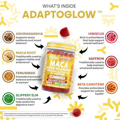 Clean Nutra Maca Root Gummies mit Ashwagandha, Fenugreek, Slippery Elm, Safran, Hibiskus, Beta-Carotin & Vitamin A für Frauen – 60 vegane Gummibärchen, Adaptogen, Non-GMO