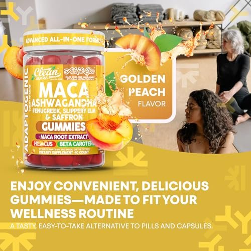 Clean Nutra Maca Root Gummies mit Ashwagandha, Fenugreek, Slippery Elm, Safran, Hibiskus, Beta-Carotin & Vitamin A für Frauen – 60 vegane Gummibärchen, Adaptogen, Non-GMO