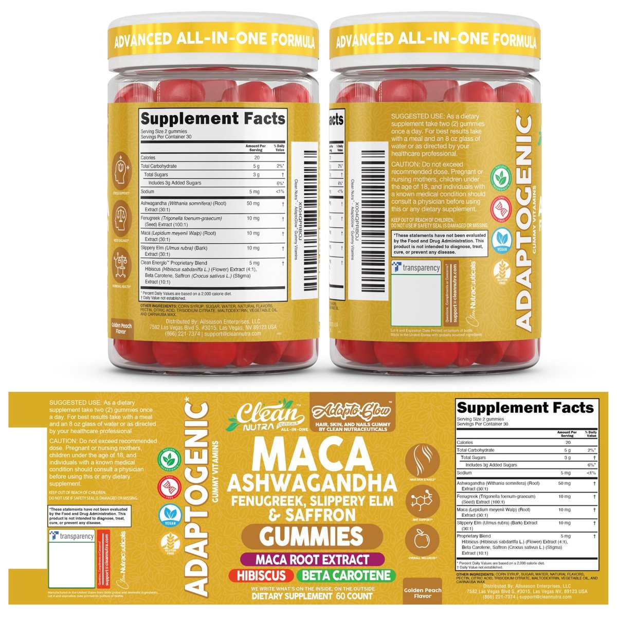 Clean Nutra Maca Root Gummies mit Ashwagandha, Fenugreek, Slippery Elm, Safran, Hibiskus, Beta-Carotin & Vitamin A für Frauen – 60 vegane Gummibärchen, Adaptogen, Non-GMO