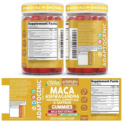 Clean Nutra Maca Root Gummies mit Ashwagandha, Fenugreek, Slippery Elm, Safran, Hibiskus, Beta-Carotin & Vitamin A für Frauen – 60 vegane Gummibärchen, Adaptogen, Non-GMO