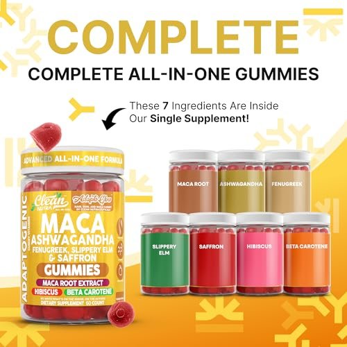 Clean Nutra Maca Root Gummies mit Ashwagandha, Fenugreek, Slippery Elm, Safran, Hibiskus, Beta-Carotin & Vitamin A für Frauen – 60 vegane Gummibärchen, Adaptogen, Non-GMO