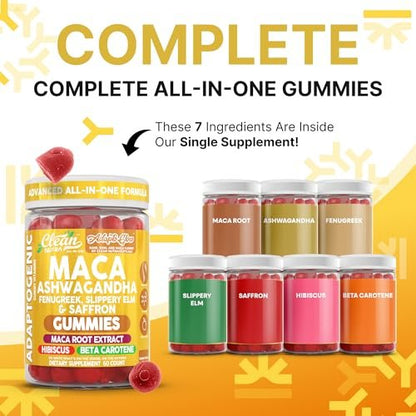 Clean Nutra Maca Root Gummies mit Ashwagandha, Fenugreek, Slippery Elm, Safran, Hibiskus, Beta-Carotin & Vitamin A für Frauen – 60 vegane Gummibärchen, Adaptogen, Non-GMO