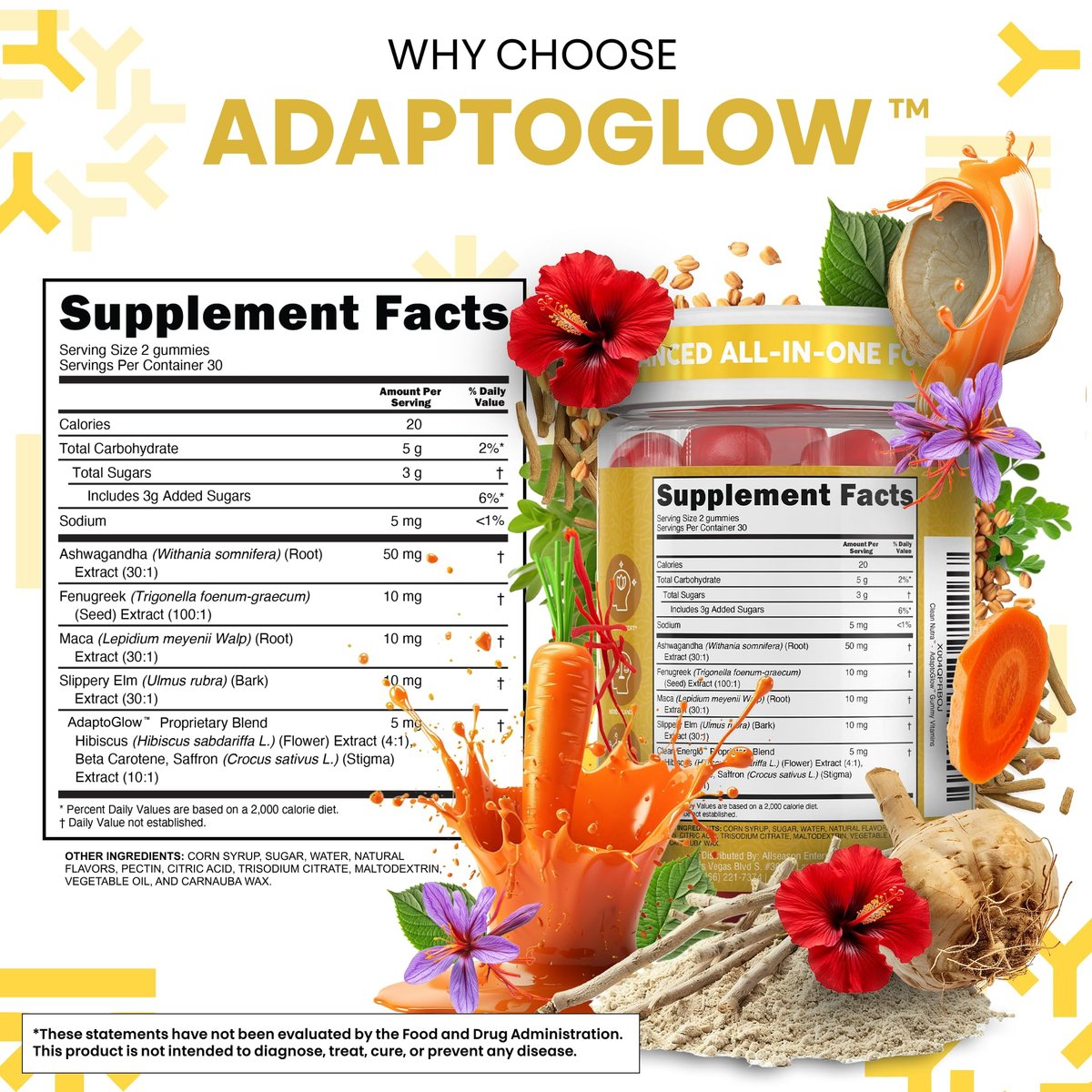 Clean Nutra Maca Root Gummies mit Ashwagandha, Fenugreek, Slippery Elm, Safran, Hibiskus, Beta-Carotin & Vitamin A für Frauen – 60 vegane Gummibärchen, Adaptogen, Non-GMO
