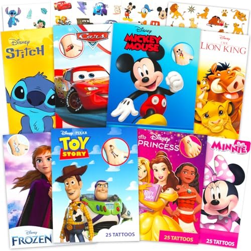 Disney Tattoos Party Favors Mega Assortment ~ Bundle Enthält 8 Disney Favoriten Temporäre Tattoo-Packs mit Prinzessin, Toy Story, Mickey, Cars, König der Löwen, Stitch und mehr (200 Tattoos!)