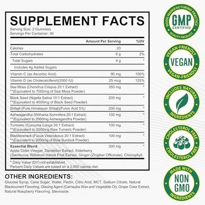 Vceeoy Sea Moss Gummies – Meeresalgummi mit Schwarzkümmelöl, Ashwagandha, Shilajit & Ingwer für Männer & Frauen, 60 Gummis