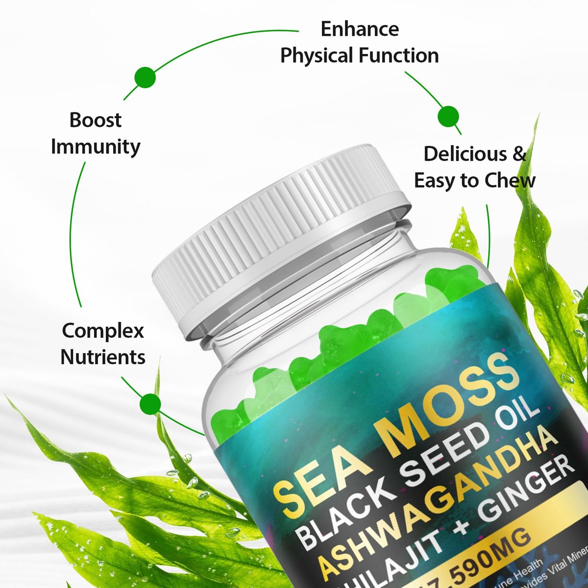 Vceeoy Sea Moss Gummies – Meeresalgummi mit Schwarzkümmelöl, Ashwagandha, Shilajit & Ingwer für Männer & Frauen, 60 Gummis
